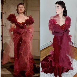 Scarlett O'Hara Burgundy Red Velvet Feather Gown